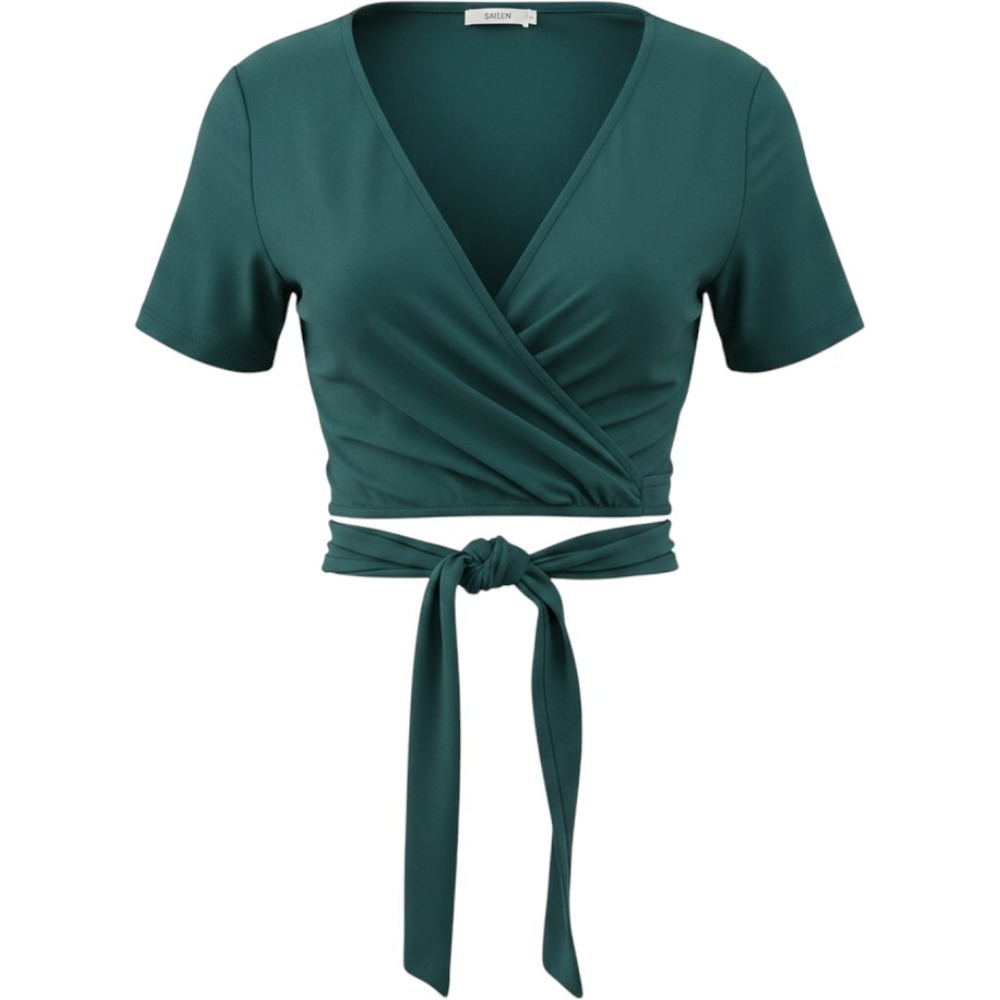 Dark Green Wrap Crop Top Short Sleeve V-Neck Tie Waist Size M NWT